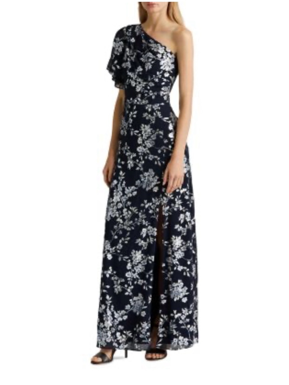 Ralph Lauren One-Shoulder Navy & White Floral Maxi Dress